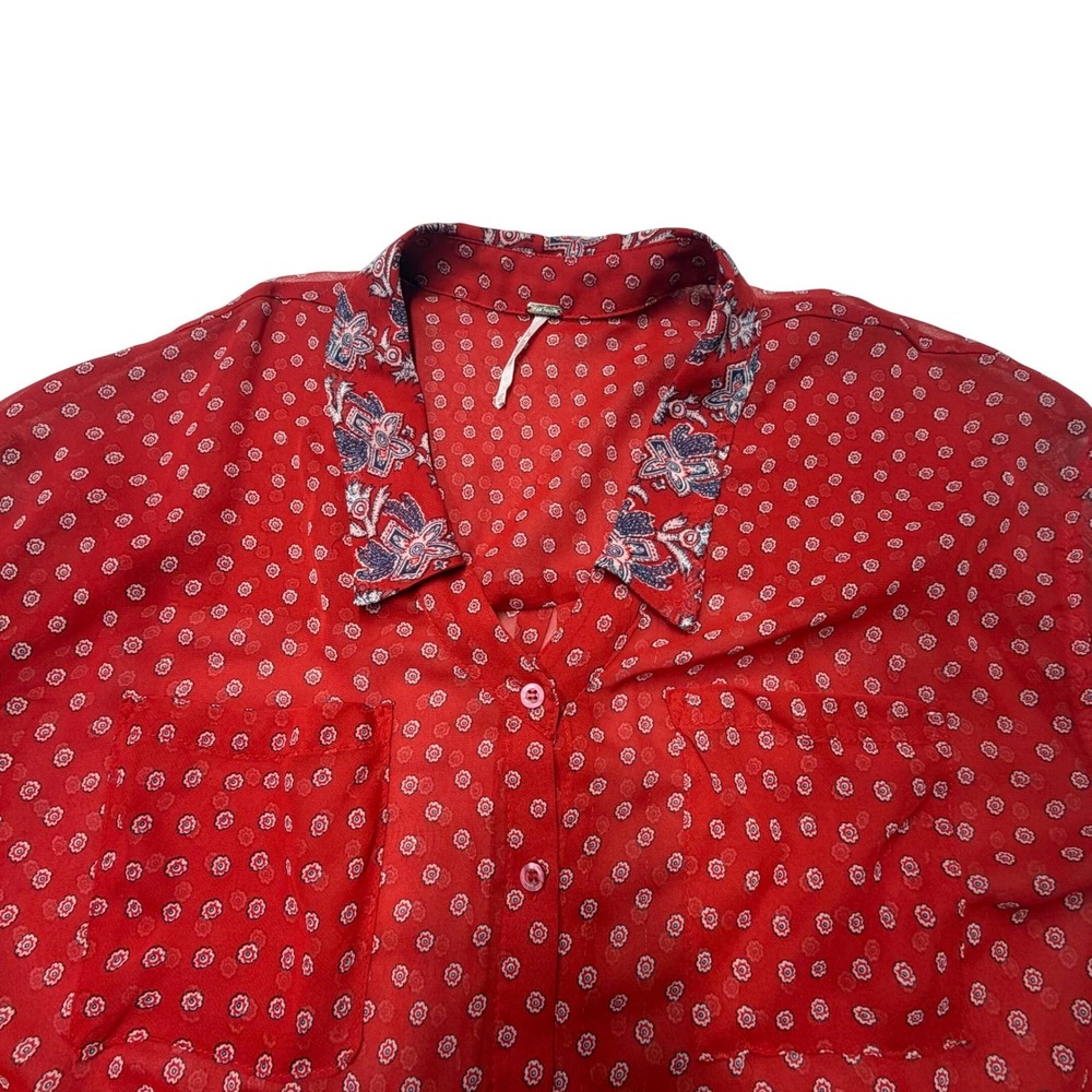 Free People Button Down Red Floral Medallion Sheer Shirt Paisley XS Boho - Picture 3 of 7